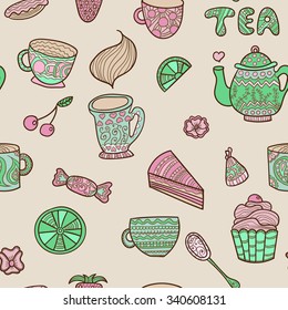 Tea vector seamless doodle teatime backdrop.Cakes to celebrate any event or occasion, use it as pattern fills, web page background, surface textures, fabric or paper, backdrop design. Summer template.