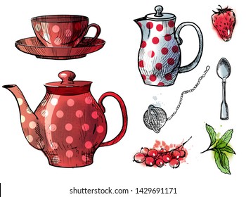 Tea vector set drawing in sketch and watercolor style and dessert such us fruits and berries and 