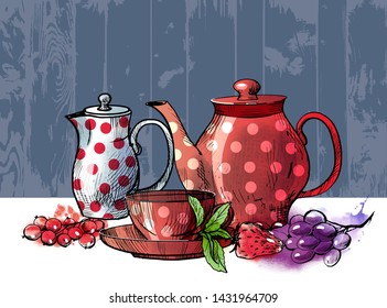 Tea vector set drawing in sketch and watercolor style and dessert such us fruits and berries and 