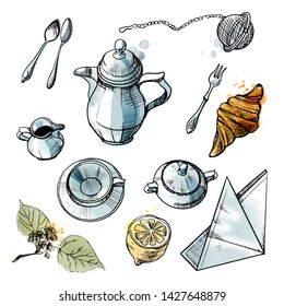 Tea vector set drawn on top and side and tea attributes. Sketch and watercolor illustration