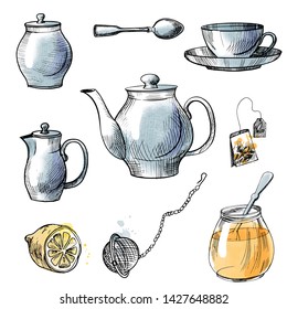 Tea vector set drawn on top and side and tea attributes. Sketch and watercolor illustration