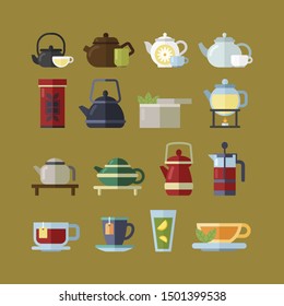 Tea vector set of objects. Different types of tea and teapots in various style. Cup and teapots collection.