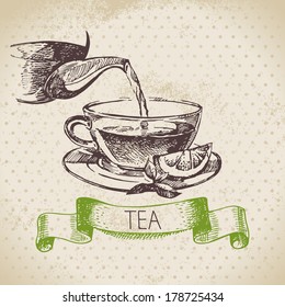 Tea vintage background. Hand drawn sketch illustration. Menu design