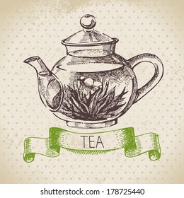 Tea vintage background. Hand drawn sketch illustration. Menu design