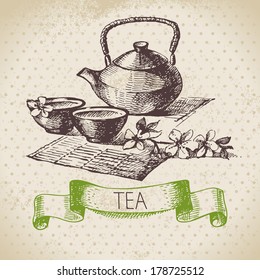 Tea vintage background. Hand drawn sketch illustration. Menu design