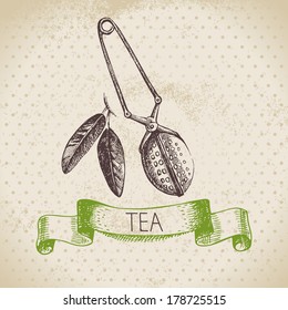 Tea vintage background. Hand drawn sketch illustration. Menu design