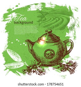 Tea vintage background. Hand drawn sketch illustration. Menu design	