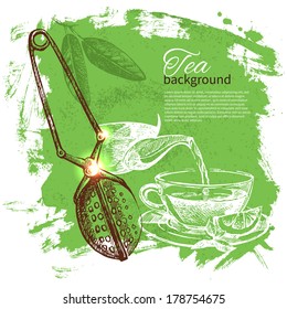 Tea vintage background. Hand drawn sketch illustration. Menu design