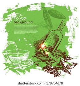 Tea vintage background. Hand drawn sketch illustration. Menu design