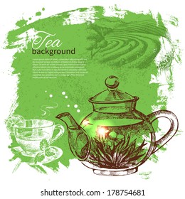 Tea vintage background. Hand drawn sketch illustration. Menu design	