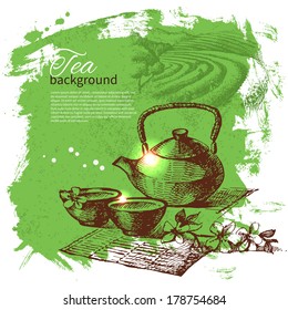 Tea vintage background. Hand drawn sketch illustration. Menu design	