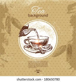 Tea vintage background. Hand drawn sketch illustration. Menu design