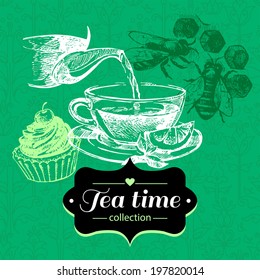 Tea vintage background. Hand drawn sketch illustration. Menu design