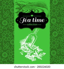Tea vintage background. Hand drawn sketch illustration. Menu and package design