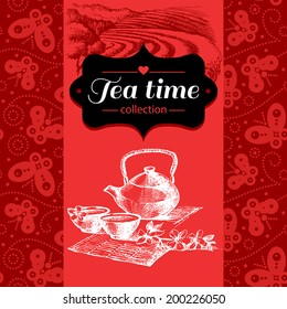 Tea vintage background. Hand drawn sketch illustration. Menu and package design