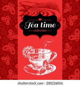 Tea vintage background. Hand drawn sketch illustration. Menu and package design