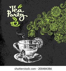 Tea vintage background. Hand drawn sketch vector illustration. Menu and package chalkboard design. Black chalk texture. Floral doodles