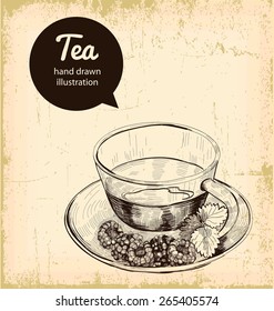 Tea vintage background. Hand drawn sketch illustration. Menu design