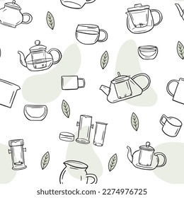 Tea ware hand drawn seamless pattern. Doodle teapots, Doodle green tea vector pattern