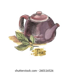 Tea, watercolor illustration with teapot and tea leaves.