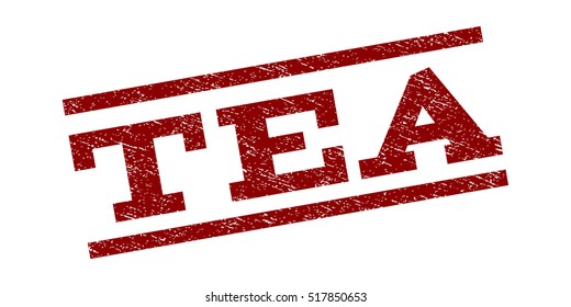 Tea watermark stamp. Text caption between parallel lines with grunge design style. Rubber seal stamp with dust texture. Vector dark red color ink imprint on a white background.