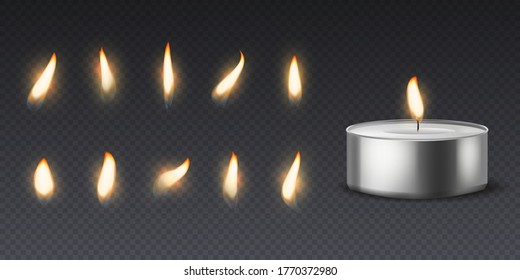 Tea wax candle with flame. Realistic round burning 3d candles light and varios flames collection for animation picture, vector set isolated on black background