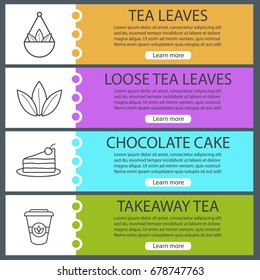 Tea web banner templates set. Loose leaves in bulk, chocolate cake, takeaway paper cup. Website color menu items with linear icons. Vector headers design concepts
