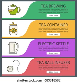 Tea web banner templates set. Electric kettle, container, teapot, ball infuser. Website color menu items. Vector headers design concepts