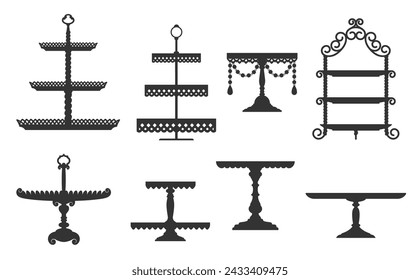 Tea and wedding cake platter, stand and tray silhouettes. Elegant black vector tables or plates for fruits and desserts served during festive events and ceremonies, symbolizing joy and refinement