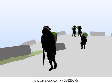 Tea Women Labors Walking Silhouette - Vector 