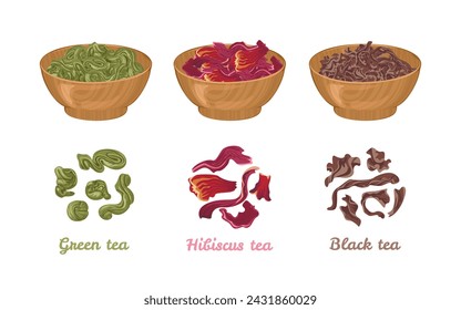 Té en tazones de madera. Ilustración vectorial de dibujos animados de té verde, negro e hibisco.