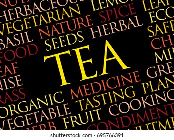 TEA word cloud collage, food and drink concept background