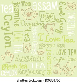 Tea words sketchy doodles vector with teapots and teacups