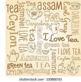 Tea words sketchy doodles vector with teapots and teacups