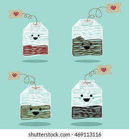 Teabag cute emoji set. Tea with cheeks and eyes. Colored lines beautiful doodle character tea bag in flat design with cute cartoon faces. Vector illustration.