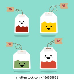 Teabag cute emoji set. Tea with cheeks and eyes. Colored beautiful doodle character tea bag in flat design with cute cartoon faces on blue background. Vector illustration.