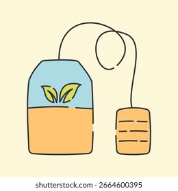 Bolsa de té de estilo dibujado a mano con cadena para ilustraciones de té caliente útil para menús de bebidas y diseños acogedores