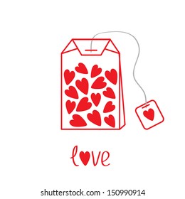 Teabag with hearts.  Love card.  Vector illustration.