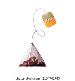 Teabag with loose tea. Tea shop, cafe-bar, tea party, kitchen concept. Isolated vector illustration for poster, banner, cover, menu, advertising. 