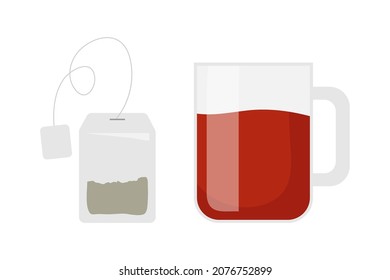 Teabag with paper labeland mug of tea. Teabag packaging with glass mug filled with tea. Cartoon vector illustration isolated on white background. International tea day.