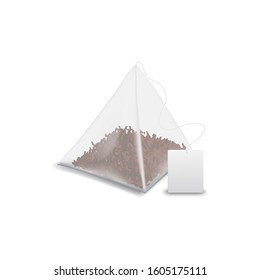 Teabag Pyramid With Label Isolated Black Tea Mockup. Vector Tea Bag With Blank Tag, Template