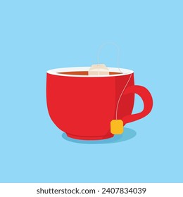 Teabag in red tea cup. Hot tea with steam. Fresh beverage. Vector illustration