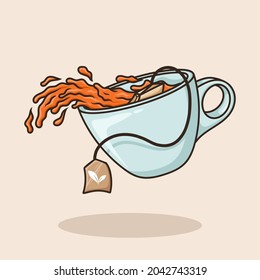 Teabag From Spilled Cup. A cup of tea Object concept Cartoon Icon Vector
