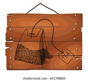 Teabag. Tea on wooden plank background. Free hand drawn. illustration.