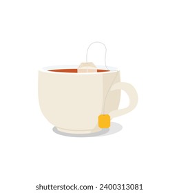 Teabag in white tea cup. Hot tea with steam. Fresh beverage. Vector illustration