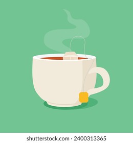 Teabag en taza de té blanca. Té caliente con vapor. Bebida fresca. Ilustración del vector
