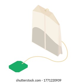 Teabag con etiqueta amarilla. vista isométrica. Aislado sobre un blanco. Bolsa de té