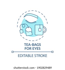 Tea-bags for eyes concept icon. At-home face care procedure idea thin line illustration. Reducing dark circles, puffiness and redness. Vector isolated outline RGB color drawing. Editable stroke