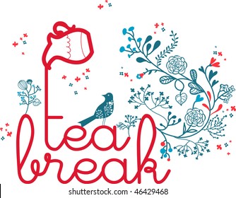 tea-break theme design with floral and bird