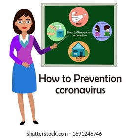 El maestro enseña métodos para prevenir el coronavirus. Máscara y diatanzamiento social de al menos 2 m, lavar la mano con gel de alcohol o jabón y quedarse en casa para lo mejor. 